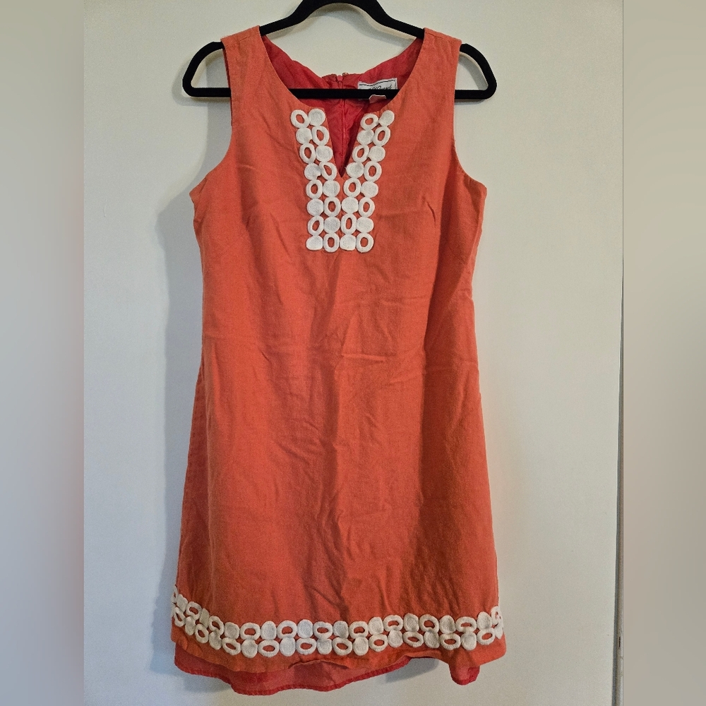 Coral Linen Dress with White Accents